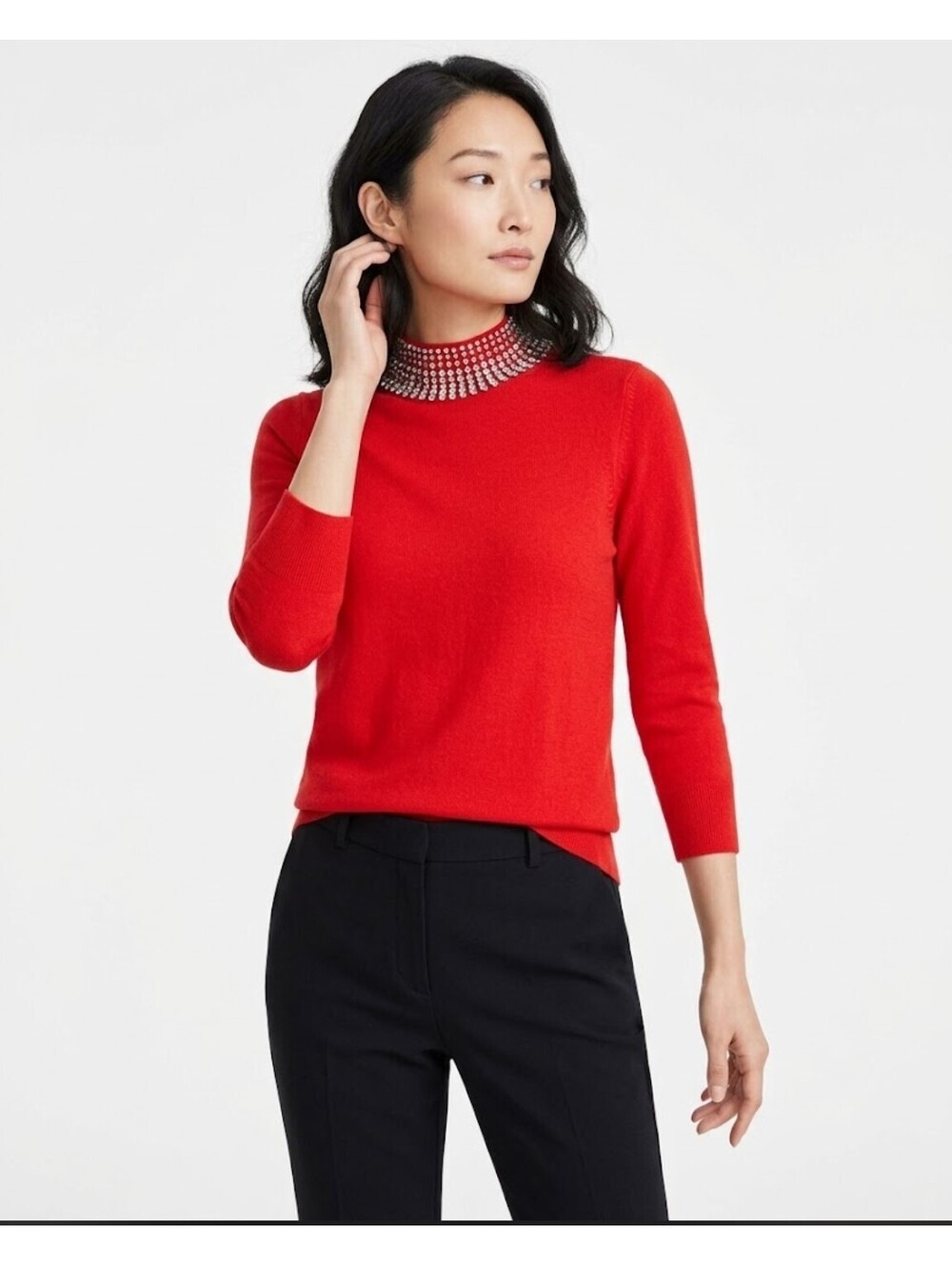 Charter Club Luxury 100% Cashmere Rhinestone Embellished Collar Sweater Chili L